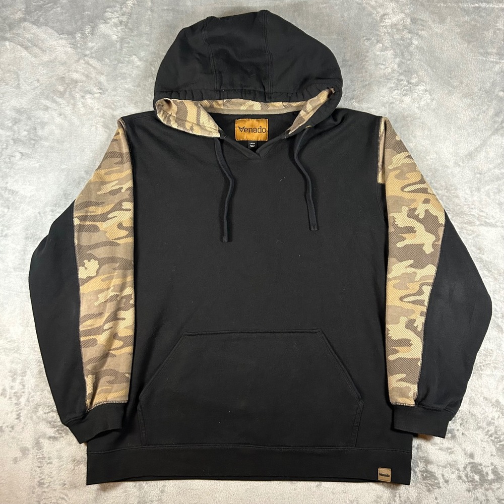 Venado Mens Hoodie Black Camouflage Sleeve Pullover Sweatshirt Large